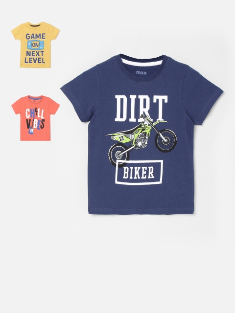 

max Boys Pack Of 3 Printed Round Neck T-shirt, Navy blue