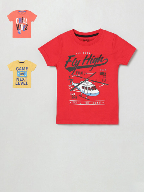 

max Boys Pack Of 3 Printed Round Neck T-shirt, Red