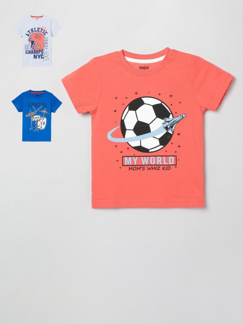 

max Boys Pack Of 3 Printed Cotton T-Shirts, Coral