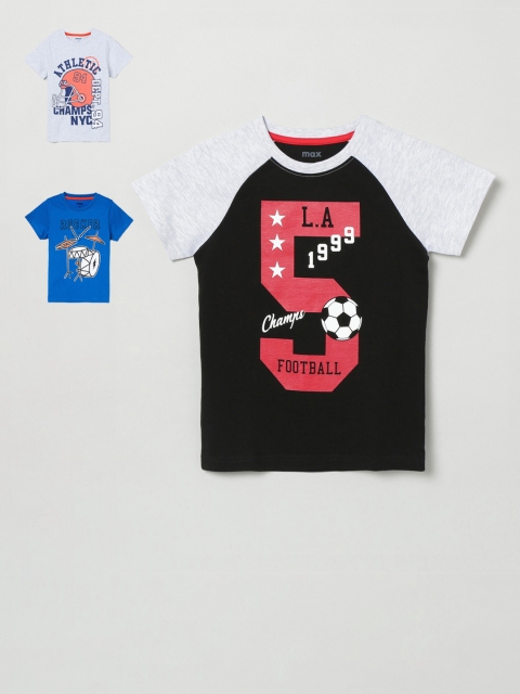 

max Boys Pack Of 3 Printed Round Neck T-shirt, Black