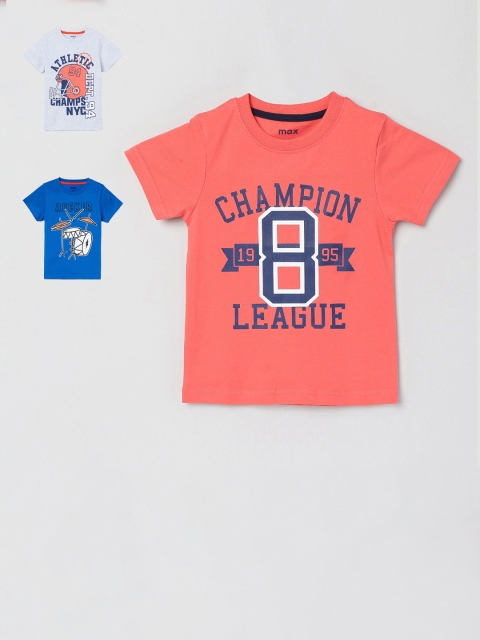 

max Boys Coral & Navy Blue Set of 3 Printed Round Neck T-shirt