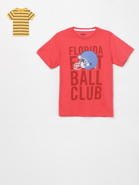 

max Boys Pack of 2 Printed Round Neck T-shirts, Red