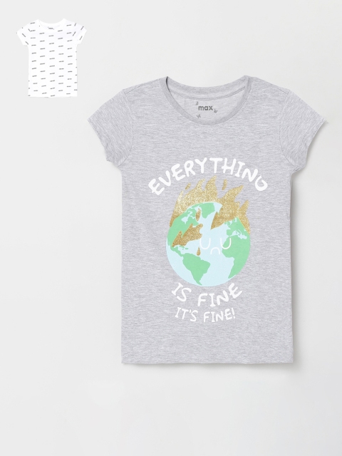 

max Girls Grey & White Set of 2 Printed Round Neck T-shirt