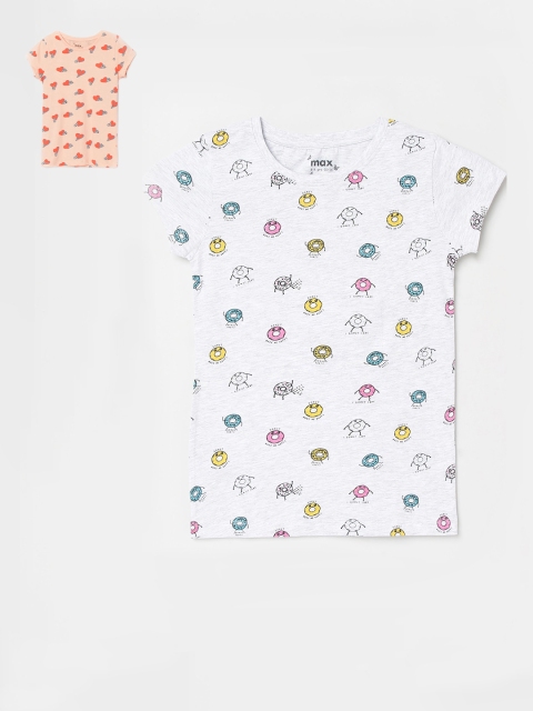 

max Girls White & Peach Set of 3 Printed Round Neck T-shirt