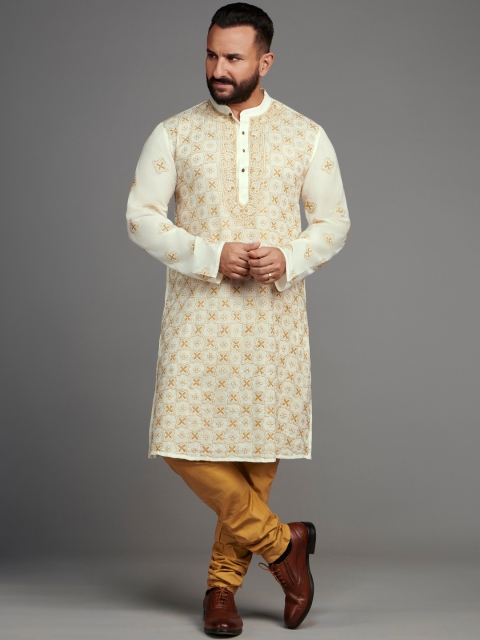 

House of Pataudi Men Off White Ethnic Motifs Embroidered Rozana Regular Kurta Set