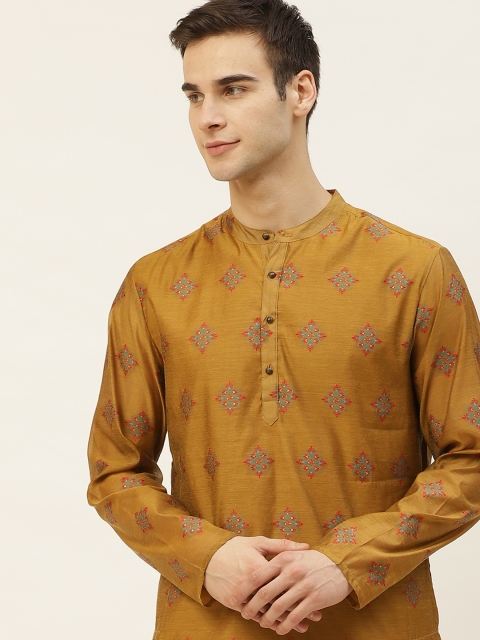 

House of Pataudi Men Mustard Yellow & Red Ethnic Motifs Kurta