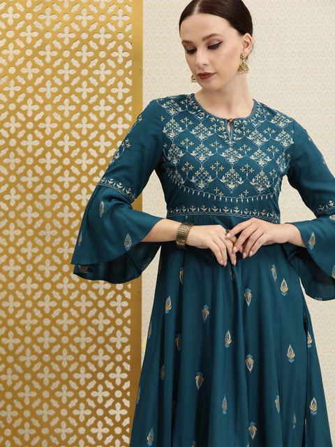 

House of Pataudi Women Teal Blue Ethnic Motifs Embroidered Bell Sleeves Anarkali Kurta