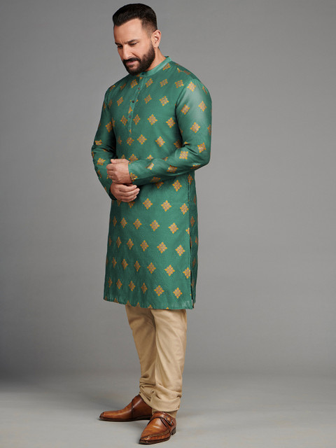 

House of Pataudi Men Green & Yellow Jashn Woven Design Straight Kurta