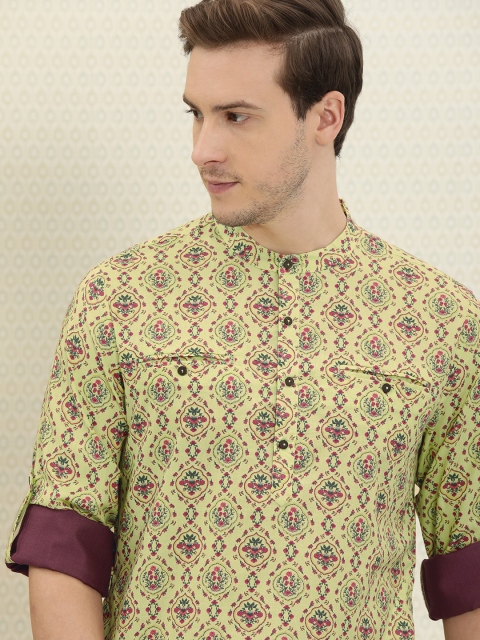 

House of Pataudi Men Green Ethnic Motifs Printed Kurta