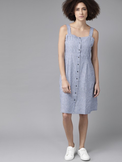 

Roadster Blue & White Pure Cotton Striped A-Line Dress