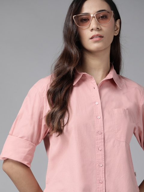 

Roadster Women Pink Pure Cotton Solid Casual Shirt