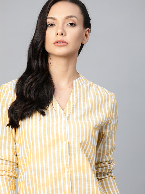 

Roadster Women Yellow & White Striped Linen Blend Casual Shirt