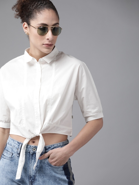 

Roadster Women White Pure Cotton Solid Boxy Front Knot Cropped Shirt