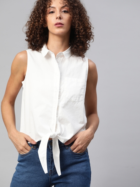 

Roadster Women White Pure Cotton Solid Casual Shirt
