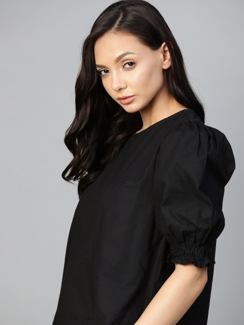 

Roadster Black Pure Cotton Solid Puff Sleeve Regular Top