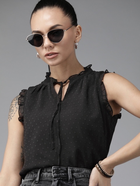 

Roadster Black Dobby Weave Tie-Up Neck Top