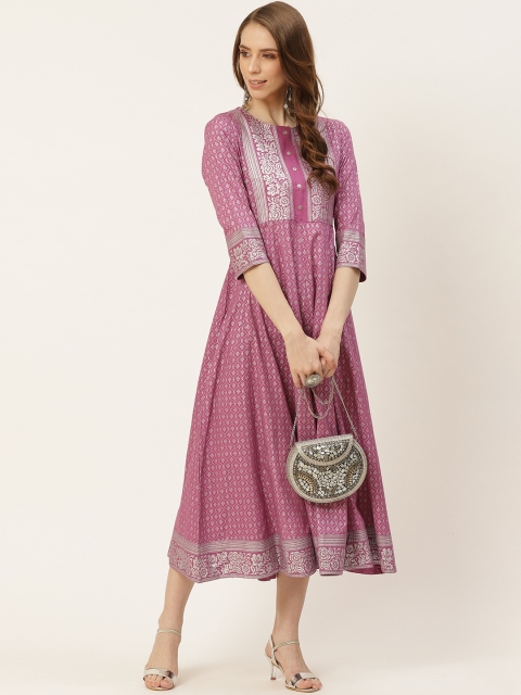 

all about you Mauve & Silver Printed Ethnic A-Line Midi Dress
