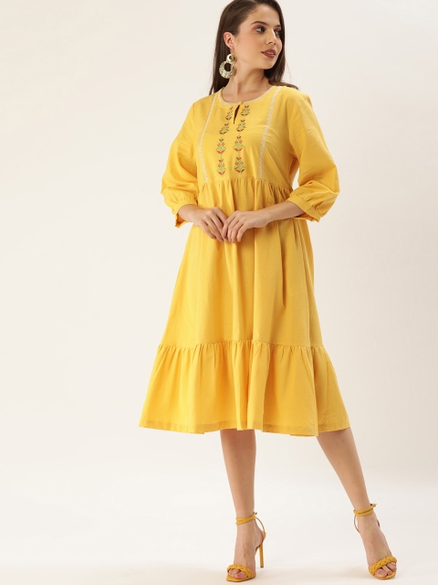 

all about you Yellow Ethnic Motifs Embroidered Fit and flare Midi Dress