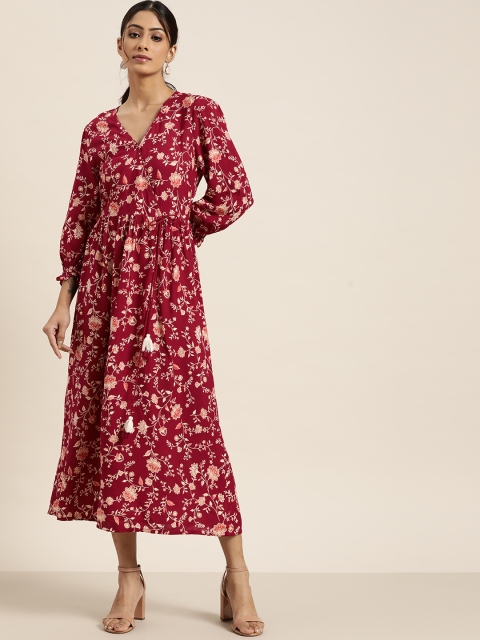 

all about you Maroon & Cream-Coloured Floral Print Wrap Midi Dress with Waist tie-up