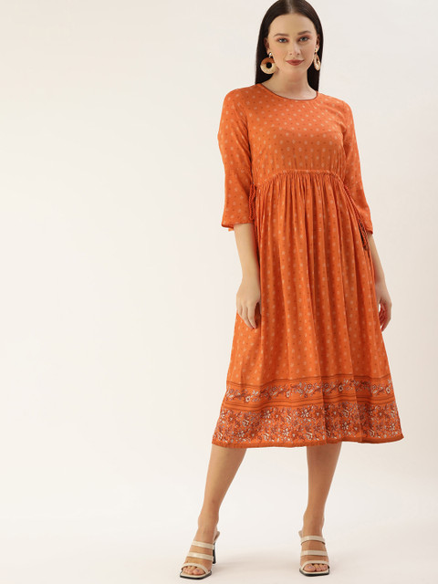 

all about you Orange Floral Fit and Flare Midi Dress