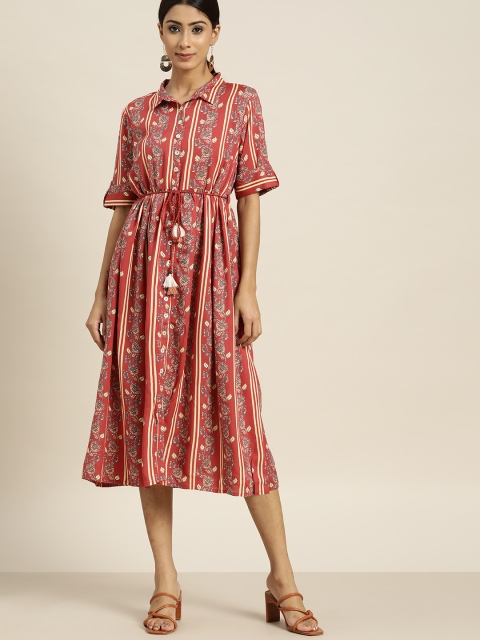 

all about you Coral Red & Beige Floral Print Shirt Dress with Belt