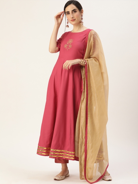 

all about you Women Pink Ethnic Motifs Embroidered Kurta with Trousers & With Dupatta