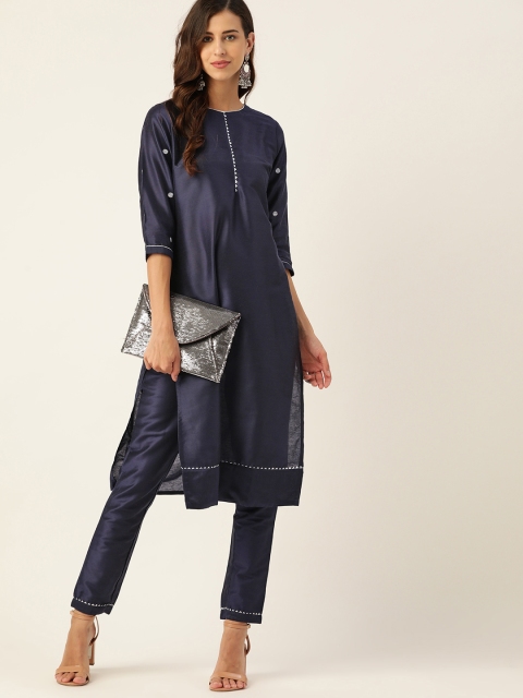 

all about you Women Navy Blue Gotta Patti Kurta with Trousers