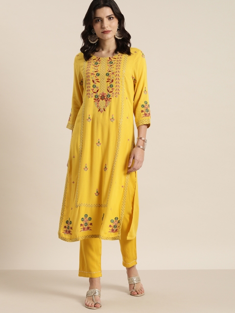 

all about you Women Yellow Floral Embroidered Thread Work Kurta with Trousers