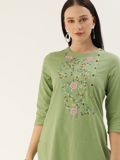 

all about you Women Green Yoke Design Pure Cotton Kurta with Trousers