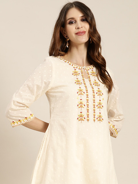 

all about you Women Off White Pure Cotton Dobby Design Floral Kurta with Trousers
