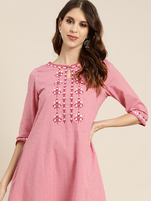 

all about you Women Pink Pure Cotton Dobby Floral embroidered Kurta with Trousers