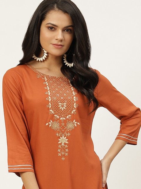 

all about you Women Rust Orange Yoke Design Thread Work Kurta with Trousers