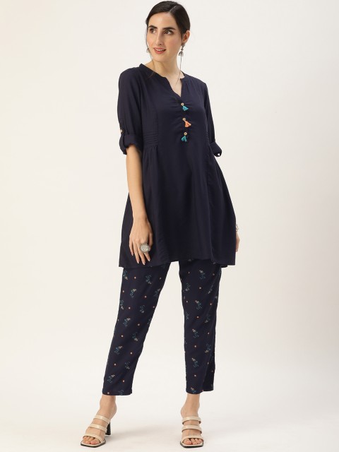 

all about you Women Navy Blue Kurti with Trousers