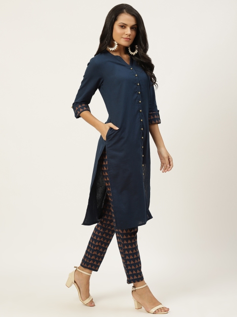 

all about you Women Navy Blue Solid Kurta with Trousers