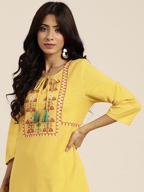 

all about you Women Yellow Ethnic Motifs Yoke Design Thread Work Kurta with Palazzos