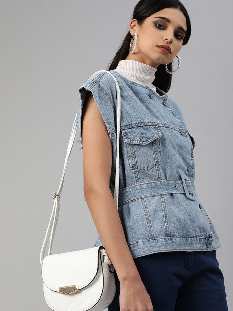 

iki chic Women Blue Solid Denim Vest Jacket With Belt