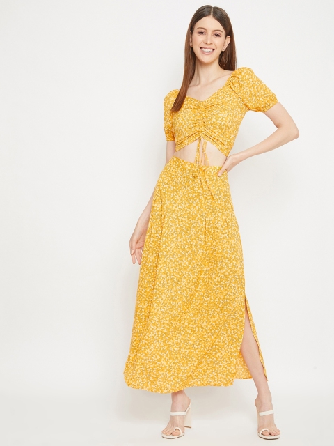

Berrylush Women Yellow & Off-White Floral Printed Crop Top with Maxi Skirt