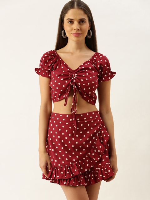 

Berrylush Women Red & White Polka Dots Printed Crop Top with Skirt