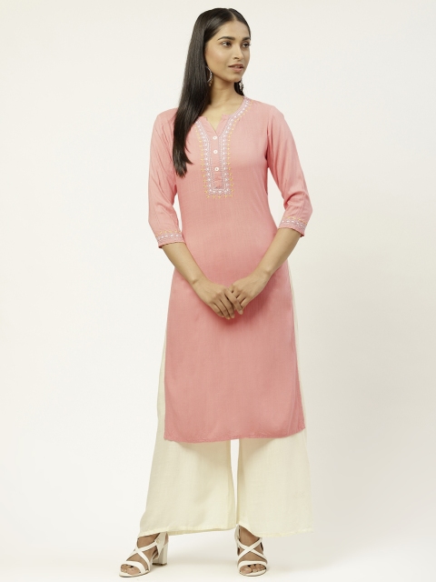 

DESI WOMANIYA Women Peach-Coloured Ethnic Motifs Yoke Design Pastels Kurta