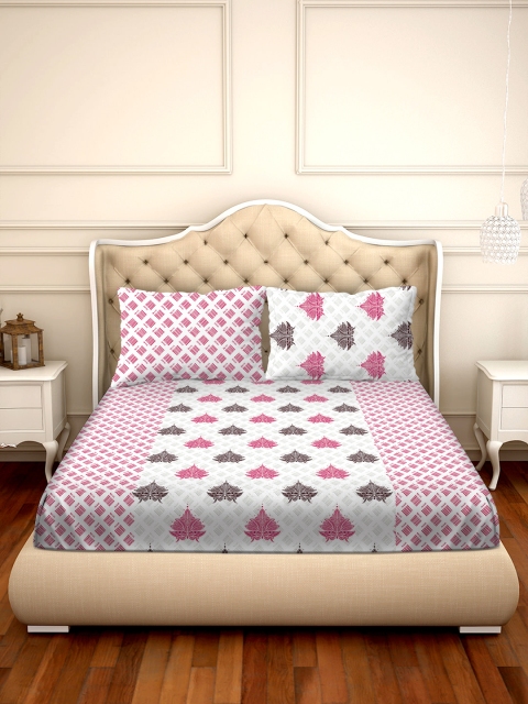 

BELLA CASA White & Pink Ethnic Motifs 250 TC Cotton 1 King Bedsheet with 2 Pillow Covers