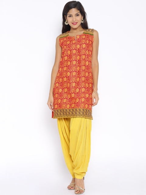 

Soch Outlet Women Mustard Orange & Red Printed Straight Kurta