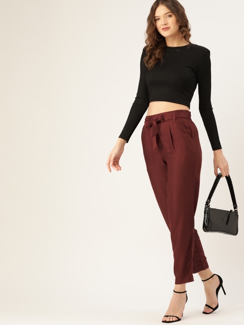 

Chemistry Women Burgundy Solid Pleated Peg Trousers