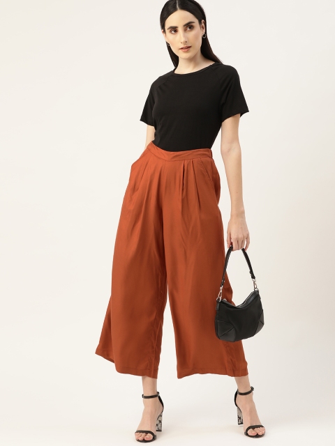 

Chemistry Women Rust Brown High-Rise Pleated Culottes Trousers