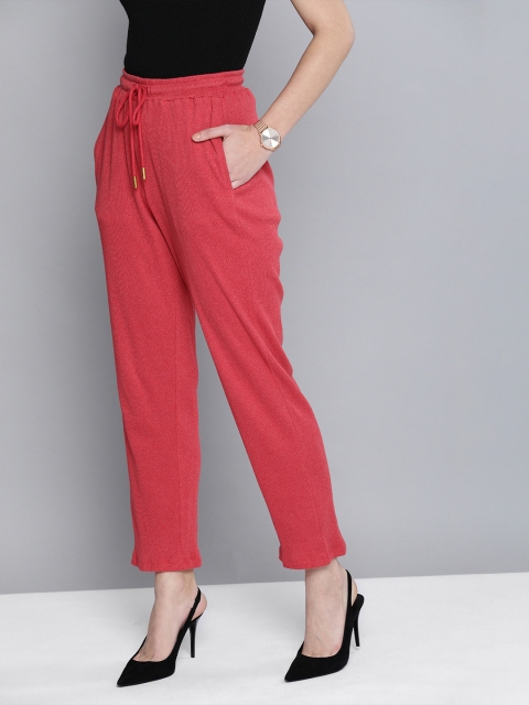 

Chemistry Women Red Solid Ribbed Regular Fit Trousers