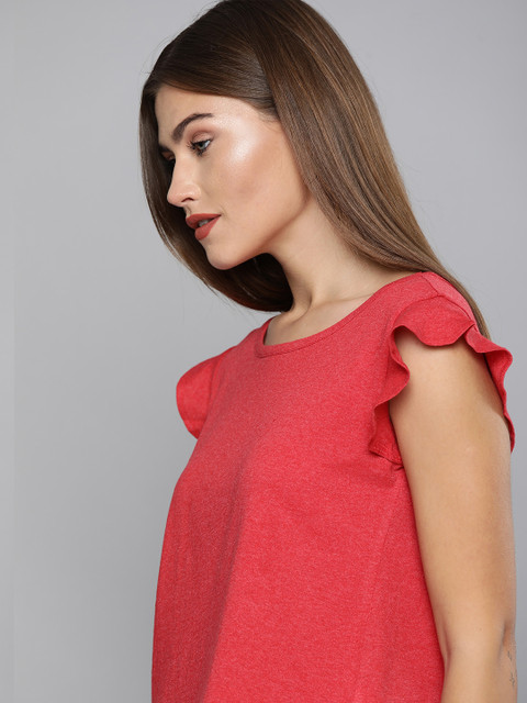 

Chemistry Women Red Solid Flutter Sleeves T-shirt with Styled Back