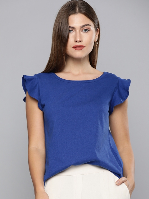 

Chemistry Women Blue Solid Flutter Sleeves T-shirt with Styled Back