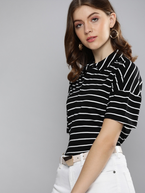 

Chemistry Women Black & White Striped Polo Collar Drop-Shoulder T-shirt