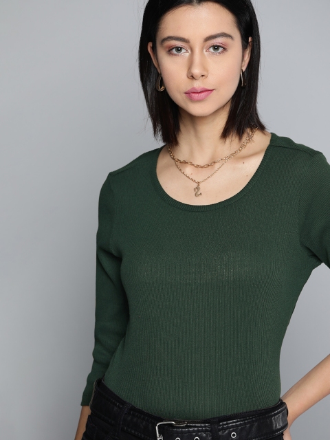 

Chemistry Women Olive Green Ribbed Solid T-shirt