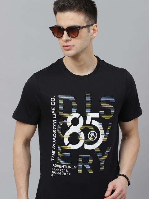 

Roadster x Discovery Adventures Men Black & White Pure Cotton Printed Round Neck T-shirt