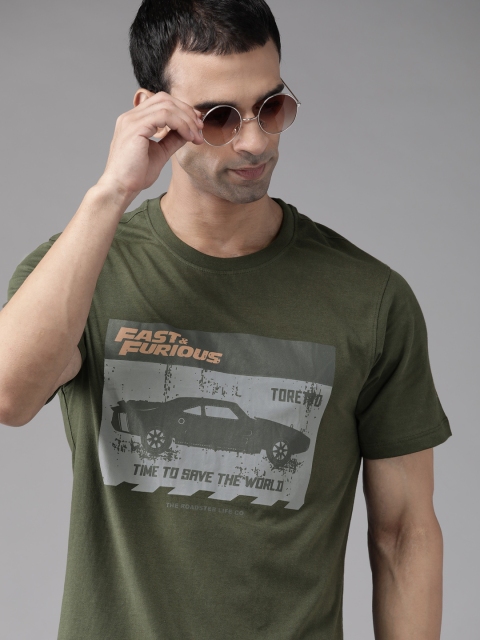 

Roadster Men Olive Green & Grey Pure Cotton Printed Cotton T-shirt